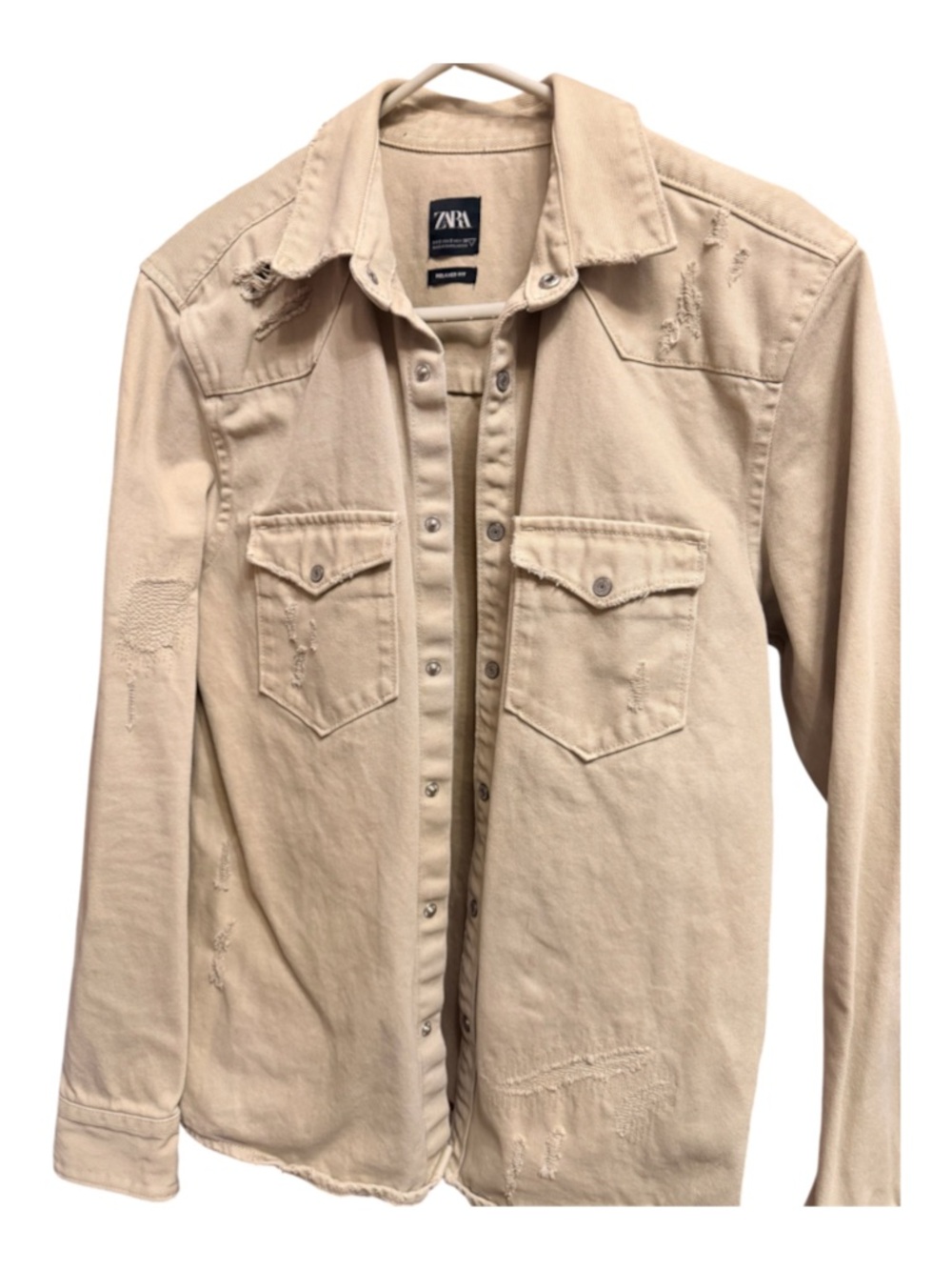 Zara Beige Distressed Cotton Button-Down Shirt